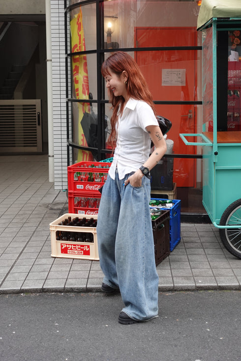 リネン混ハーフスリーブトップス